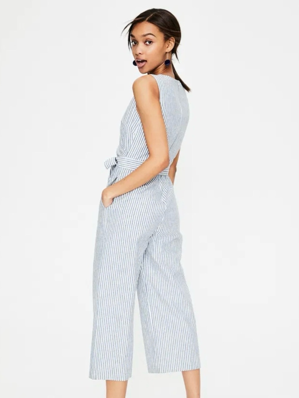 Boden Striped V-Neck Wide-Leg Jumpsuit with Tie Waist - Blue/White - Picture 2 of 9